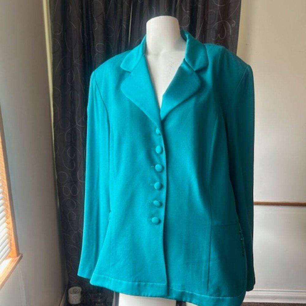 BG Bahari Group Vintage Turquoise Green Satin Lapel & Hem Blazer, size 22W